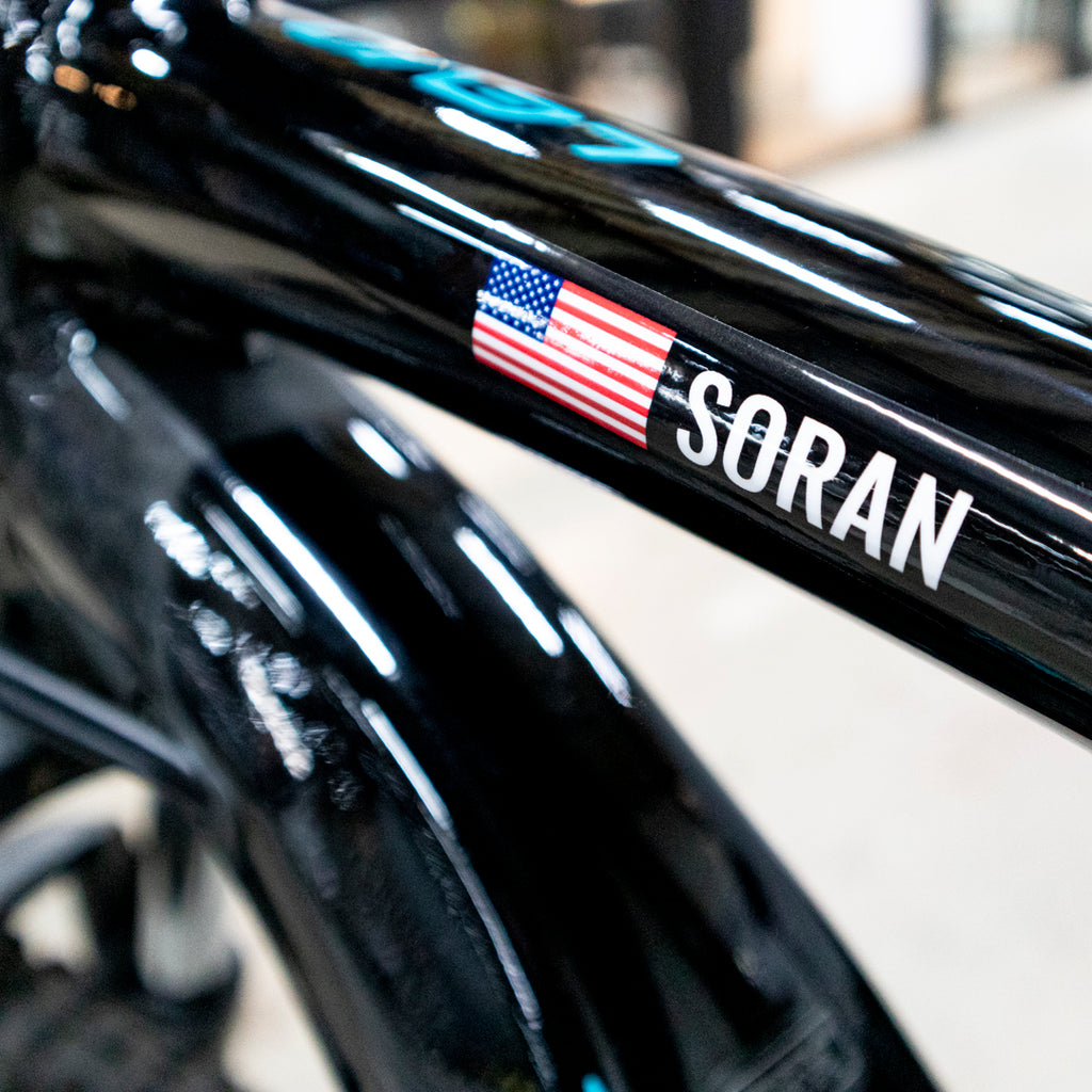 Bike name decals with USA and Canada flags